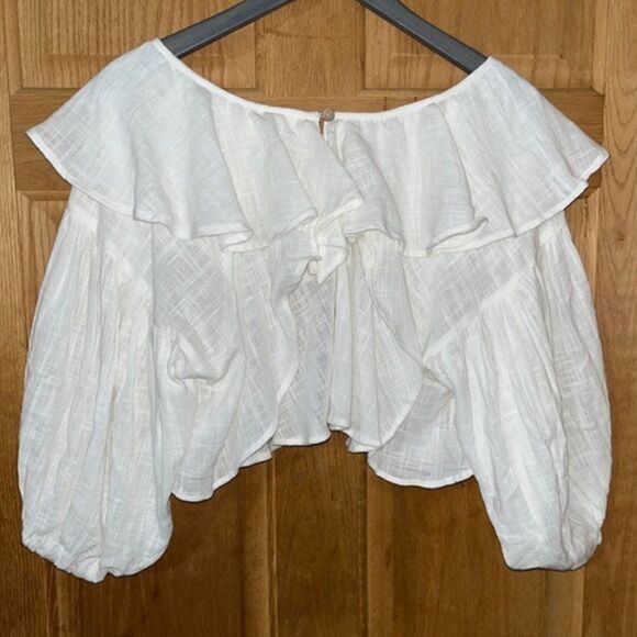 Free People Zuri White Balloon Sleeve Cropped Open Back Ruffle Blouse - Picture 8 of 13